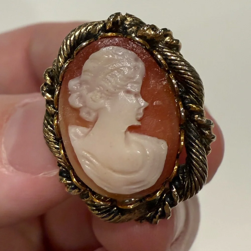 Vintage Cameo Clip-On Earrings | Gold Tone Rope Frame | Shell STYLE Silhouette